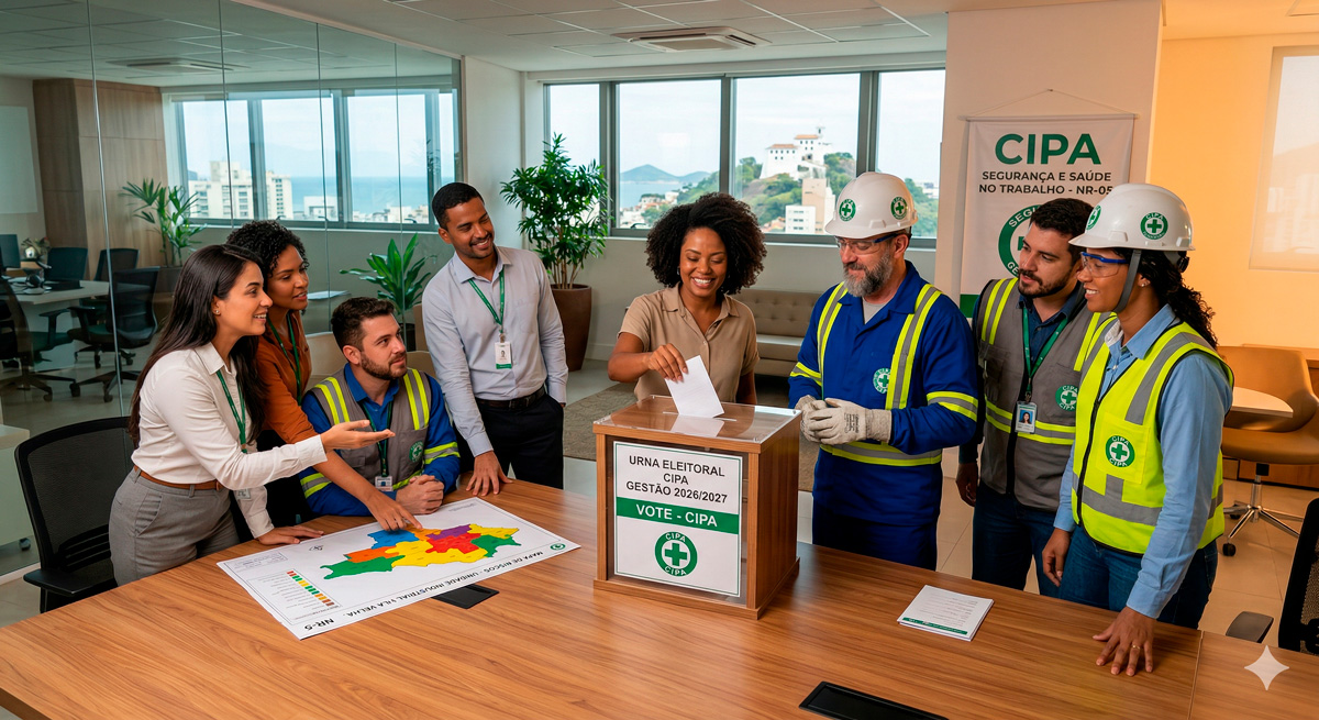 Uma fotografia corporativa profissional mostrando um grupo diverso de funcionários, incluindo trabalhadores de escritório e operários industriais com EPIs, reunidos ao redor de uma mesa de conferência em um escritório moderno e iluminado. Eles estão discutindo ativamente um mapa de risco e depositando uma cédula de votação em uma urna segura, simbolizando o processo eleitoral da CIPA. Atmosfera colaborativa, segura e democrática. Iluminação cinematográfica, fotorrealista, resolução 8k, altamente detalhado.