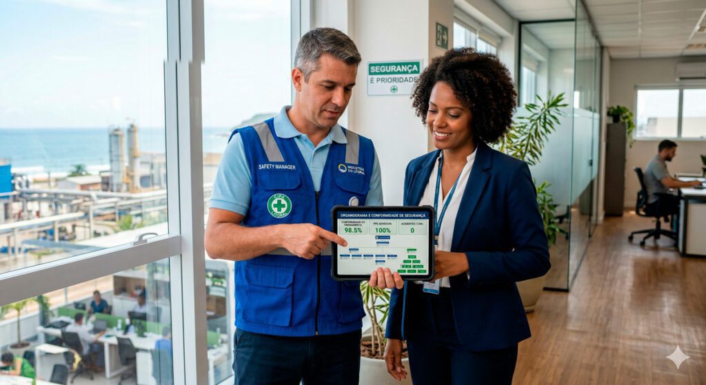 Uma fotografia corporativa profissional mostrando um gerente de segurança e um profissional de RH de pé juntos em um escritório moderno e bem iluminado, olhando para um tablet digital. O tablet exibe um organograma corporativo e métricas de conformidade de segurança. Ao fundo, um espaço de trabalho industrial ou corporativo sutil e levemente desfocado. Atmosfera brilhante, colaborativa e de confiança. Iluminação cinematográfica, fotorrealista, resolução 8k, altamente detalhado.
