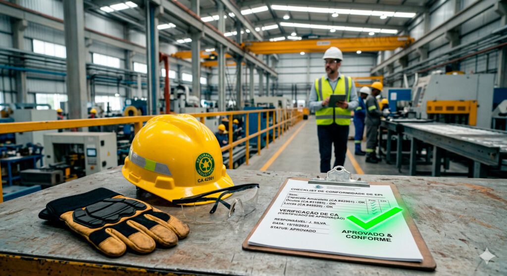 Uma fotografia corporativa profissional e conceitual. Em primeiro plano, um close-up nítido de Equipamentos de Proteção Individual (EPIs) de alta qualidade, incluindo um capacete amarelo, óculos de segurança e luvas reforçadas, organizados sobre uma mesa. Ao lado deles, uma prancheta com um documento exibindo uma marca de seleção verde brilhante, simbolizando o Certificado de Aprovação. Ao fundo, levemente desfocado, um gerente de segurança inspeciona uma instalação industrial moderna e bem iluminada. Iluminação cinematográfica, enfatizando segurança, conformidade e proteção. Fotorrealista, resolução 8k, altamente detalhado.