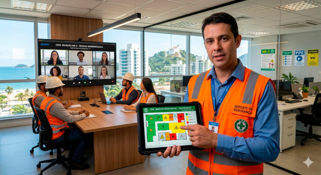 Um ambiente de escritório corporativo moderno onde um gerente de segurança profissional está segurando um tablet digital exibindo um mapa de risco de segurança digital. Ao fundo, membros da equipe estão participando de uma reunião por videoconferência remota em uma tela grande, simbolizando as regras modernas e atualizadas da CIPA. Atmosfera brilhante, limpa e profissional, enfatizando a tecnologia e a segurança no local de trabalho. Iluminação cinematográfica, fotorrealista, resolução 8k, altamente detalhado.