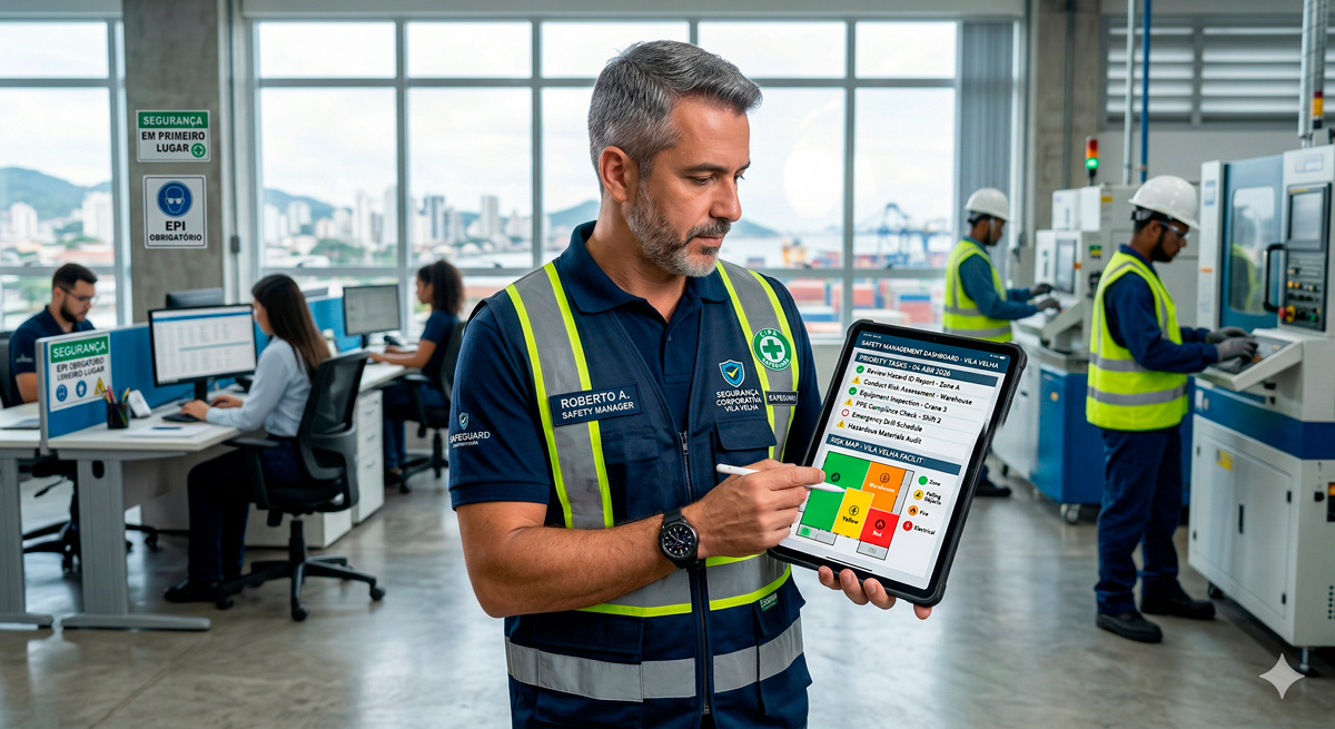Uma fotografia corporativa profissional mostrando um gerente de segurança segurando um tablet digital moderno que exibe uma lista de tarefas clara e organizada e um mapa de risco de segurança. Ao fundo, levemente desfocado, um ambiente industrial ou de escritório moderno e bem iluminado com funcionários trabalhando com segurança. O foco está no planejamento digital, na gestão moderna da segurança e na organização corporativa. Iluminação cinematográfica, fotorrealista, resolução 8k, altamente detalhado.
